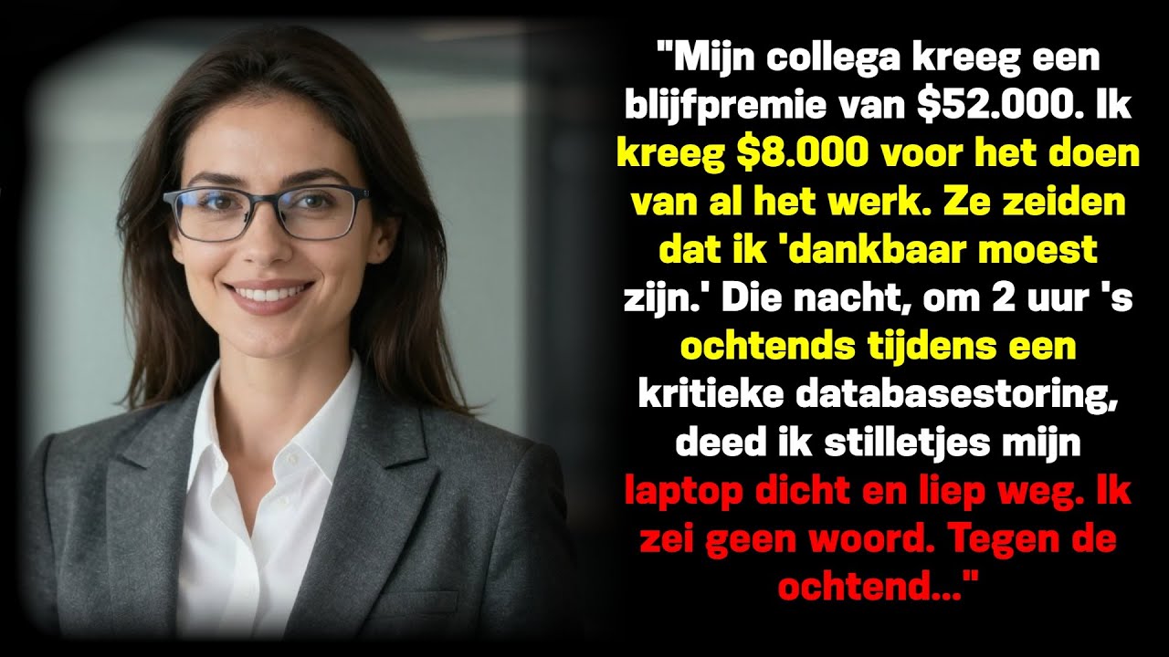 Ik ontdekte om twee uur ’s nachts dat mijn collega Jasper een retentiebonus van €52.000 kreeg. Mijn bonus: €8.000. Voor meer werk. Toen het systeem diezelfde nacht uitviel, deed ik voor het eerst...
