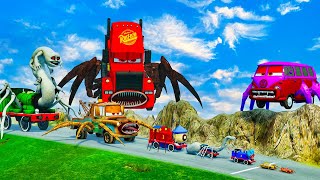 ALL MONSTERS Big & Small Cars vs Downhill Madness with EPIC BATTLE MACK EATER & FILMORE SPIDER EATER