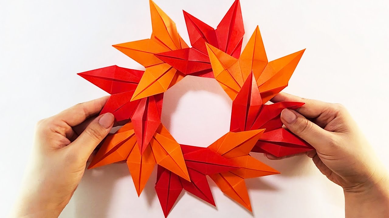簡単折り紙】紅葉リースの作り方🍁🍁ハサミなしでここまで本物っぽい