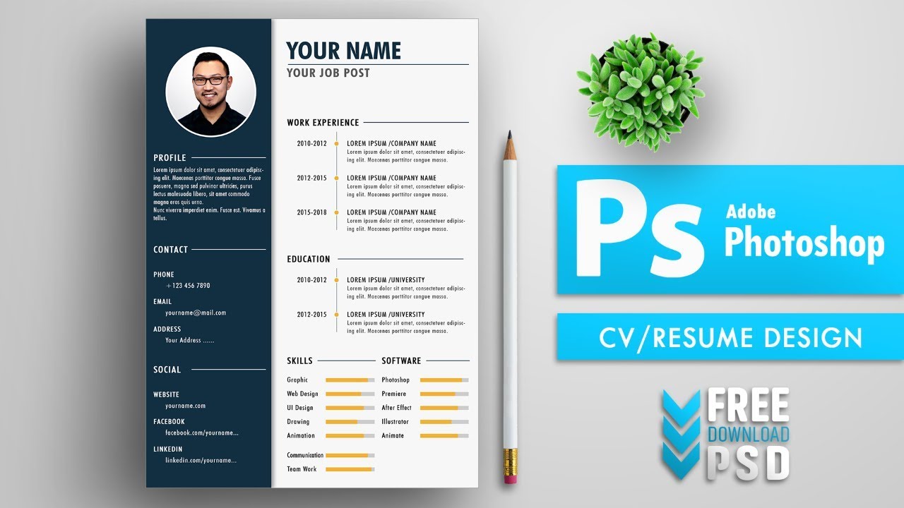 วิธีทํา resume ใน photoshop  Update New  CV/Resume Template Design in Photoshop + Free PSD