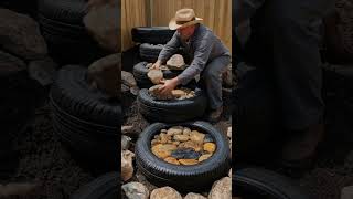 DIY Tire Waterfall Makeover in Backyard | Recycled Tires + Stones & Red Pebbles #shorts #garden