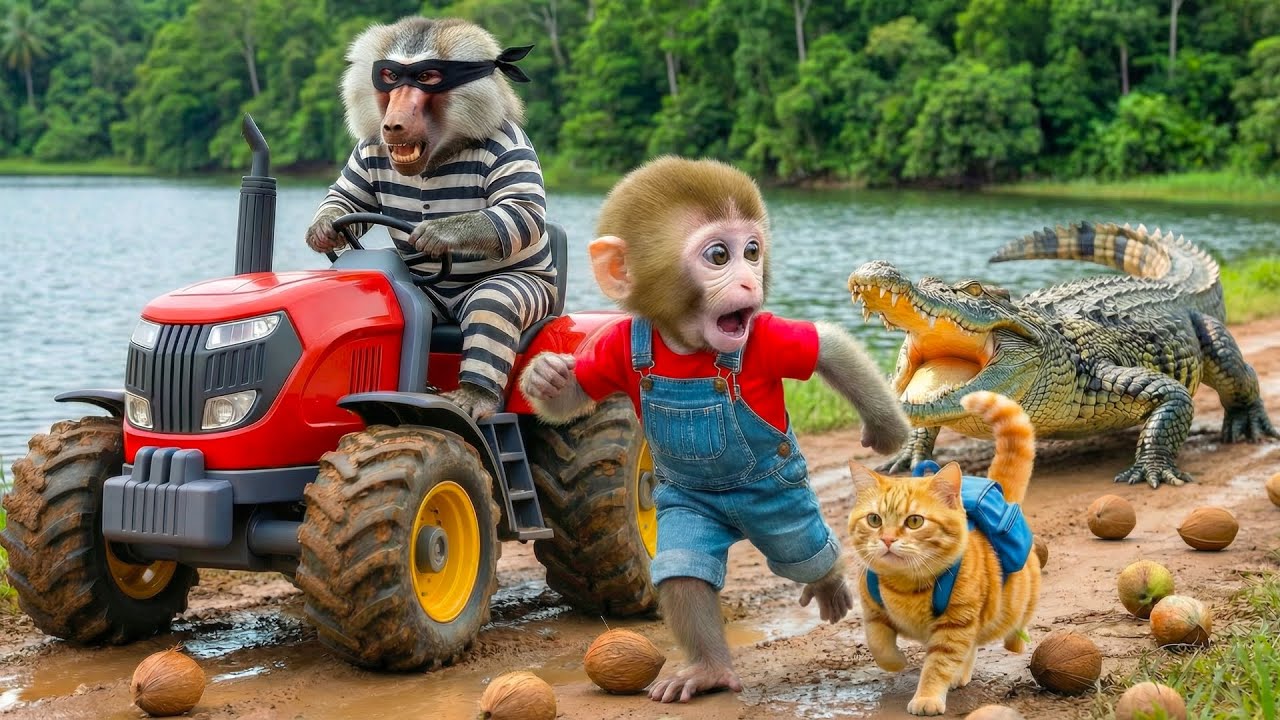 🐵🐱 Monkey & Fat Cat Lose Their Coconut Tractor and Help the Police Catch the Thief in an Funny Way