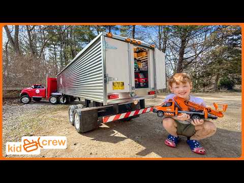 Delivering toy trucks with kids ride on semi truck and trailer. Educational | Kid Crew