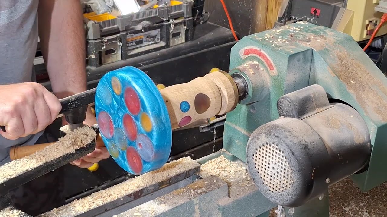 Satisfying Woodturning – Blue Epoxy Resin Mushroom With Unicorn - ASMR