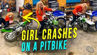 Dressed up Girl Crashes Riding a Pitbike for the First Time