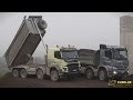 Volvo FMX and Mercedes Arocs tipper trucks - unload quarry stone