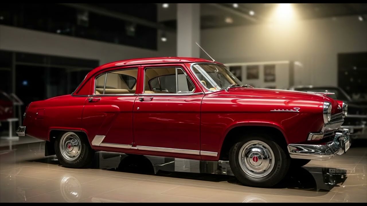 🚗 Легендарная советская классика – элегантная красная Волга в современном шоуруме