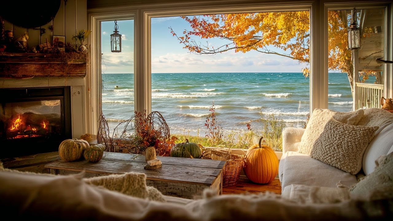Cozy Seaside Cabin 🍁 Warm Fire, Ocean Breeze & Seabird Songs for Peaceful Mornings