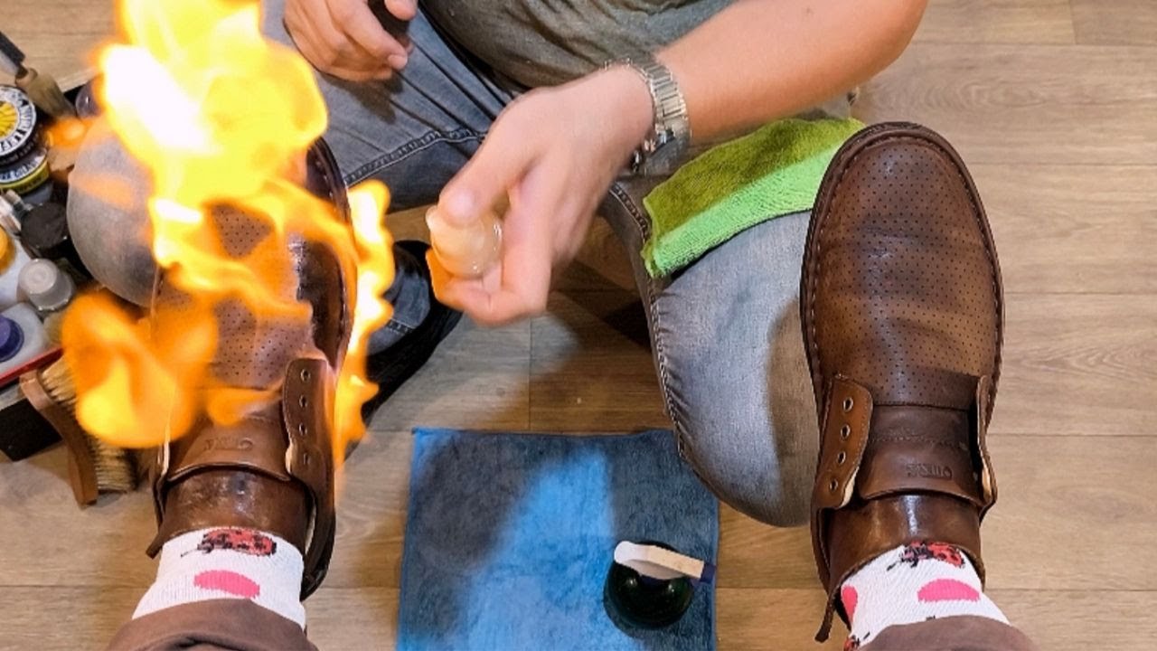 Flame shine technique - Classic brown leather shoe shine