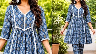 TRENDY 🔥V YOKE KURTI CUTTING AND STITCHING/SUMMER KURTI/FRONT PLEATED KURTI/DIY