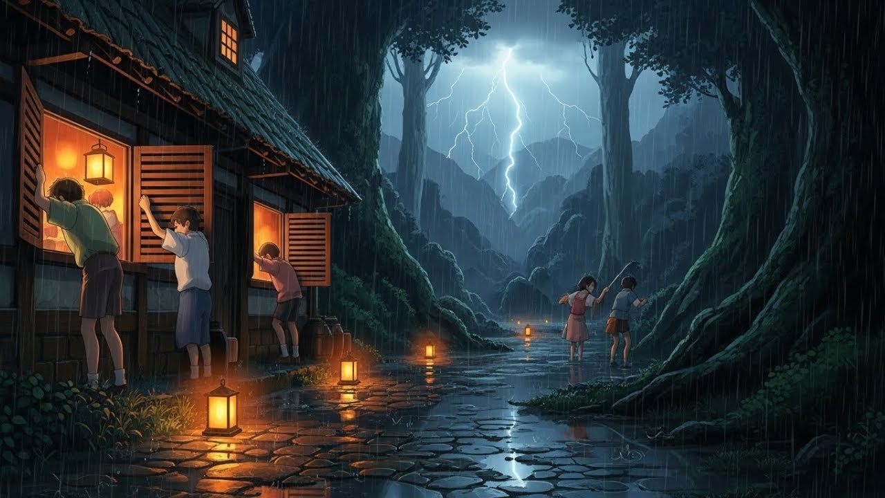 A Stormy Night in the Village ⛈️ Deep Sleep Ghibli Ambience & Rain Sounds