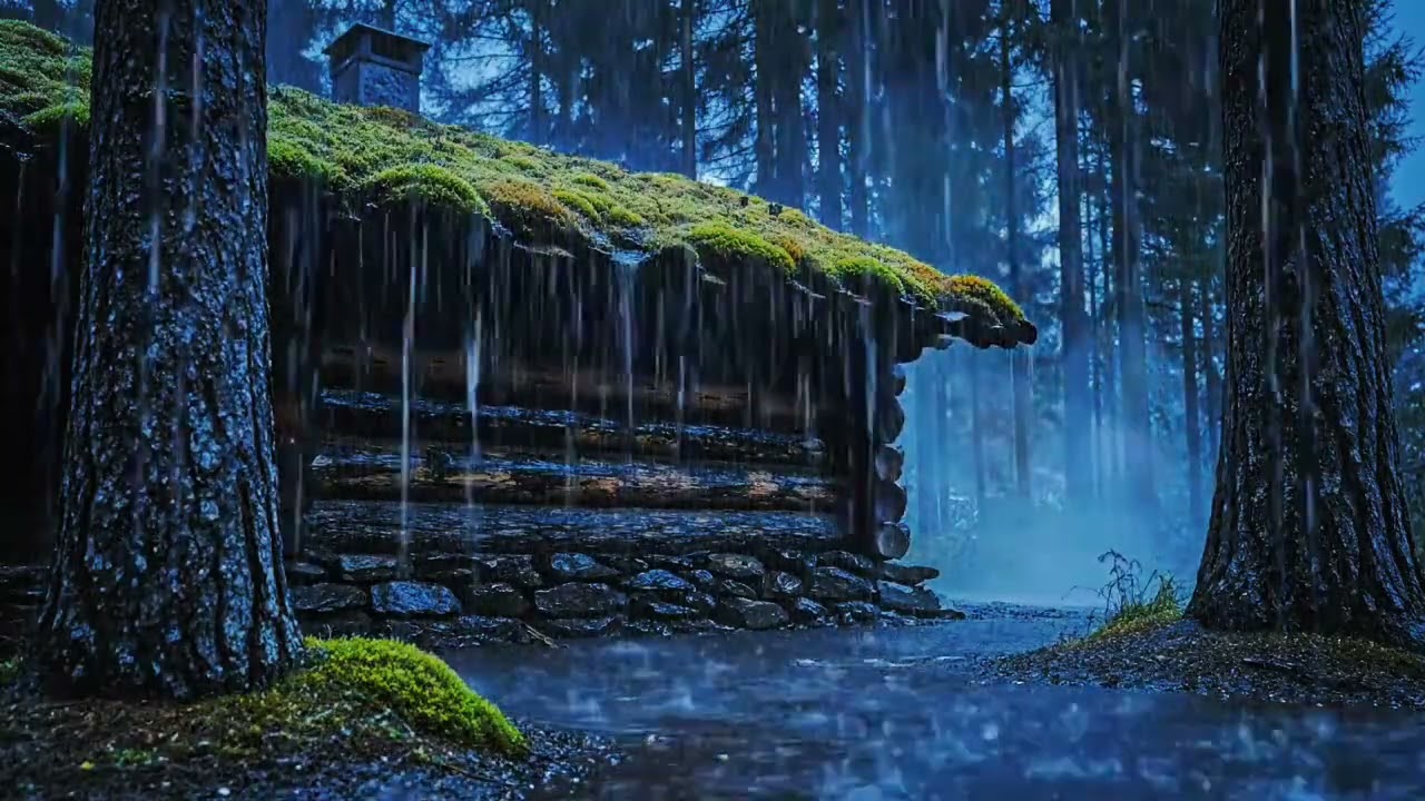 Heavy Rain at a Mossy Forest Cabin 🌧️🌲 Cozy Night Ambience for Deep Sleep