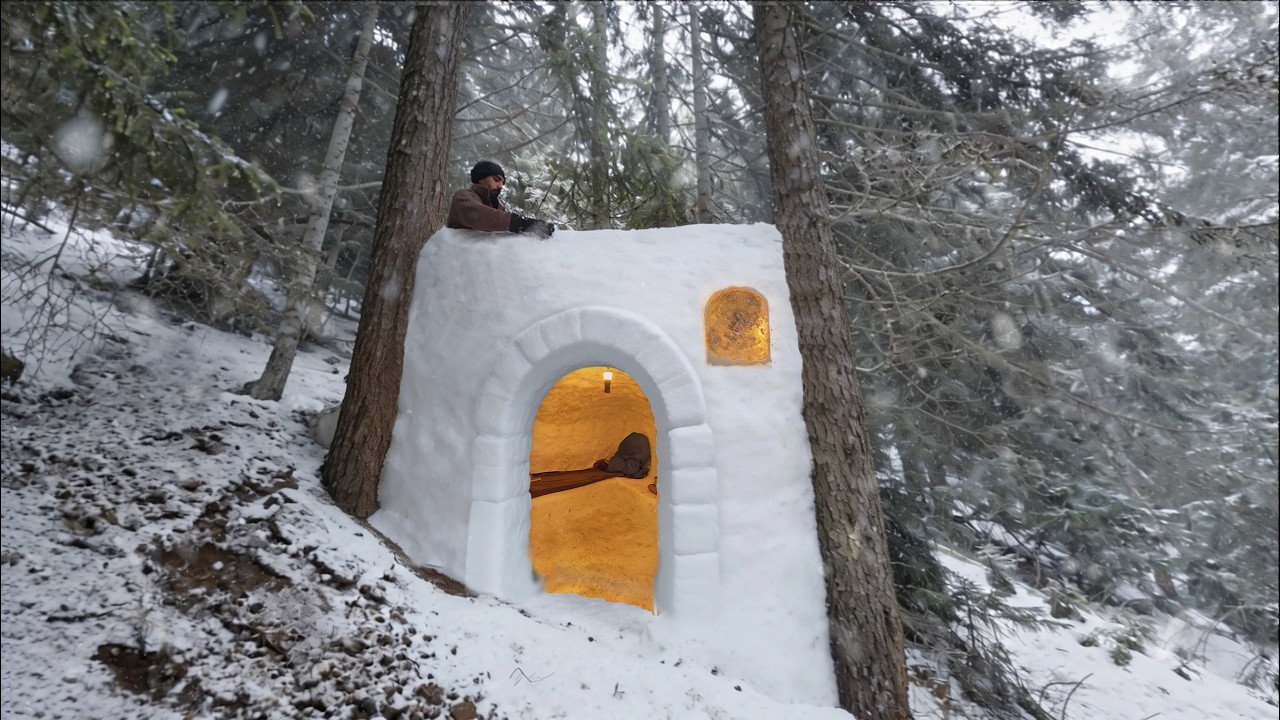 Bulding Igloo - CAMPING IN A SNOW SHELTER - Freezing Cold