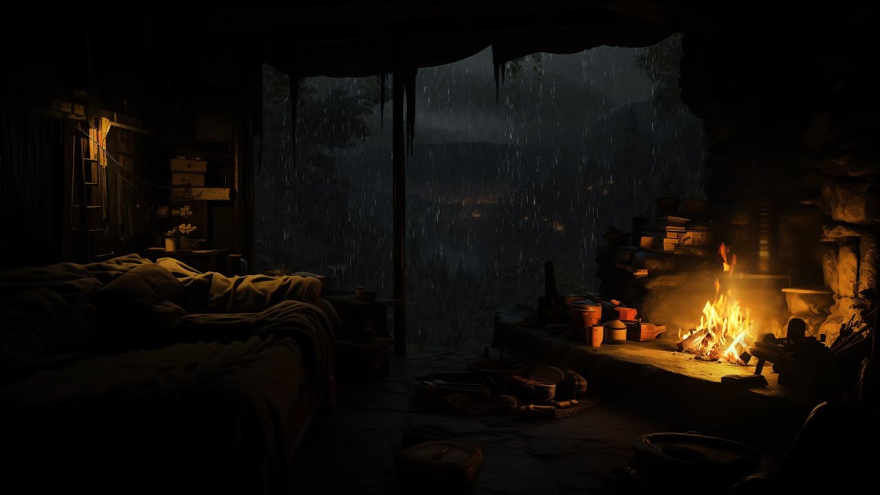 Night Rain and Fireplace in Cozy Cabin | Night Forest Ambience for ...