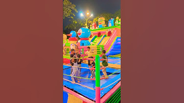 Jump happily with friends on the exciting blue trampoline ride