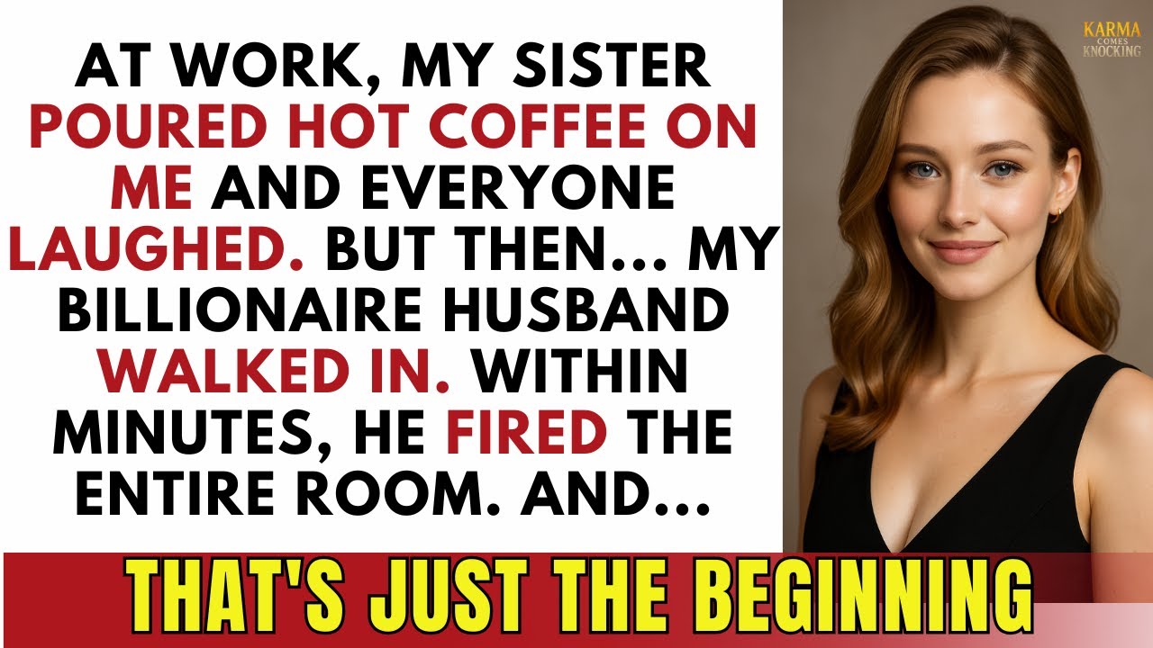 My Sister Poured Coffee On Me At Work – Then My BILLIONAIRE Husband Walked In And FIRED Everyone.