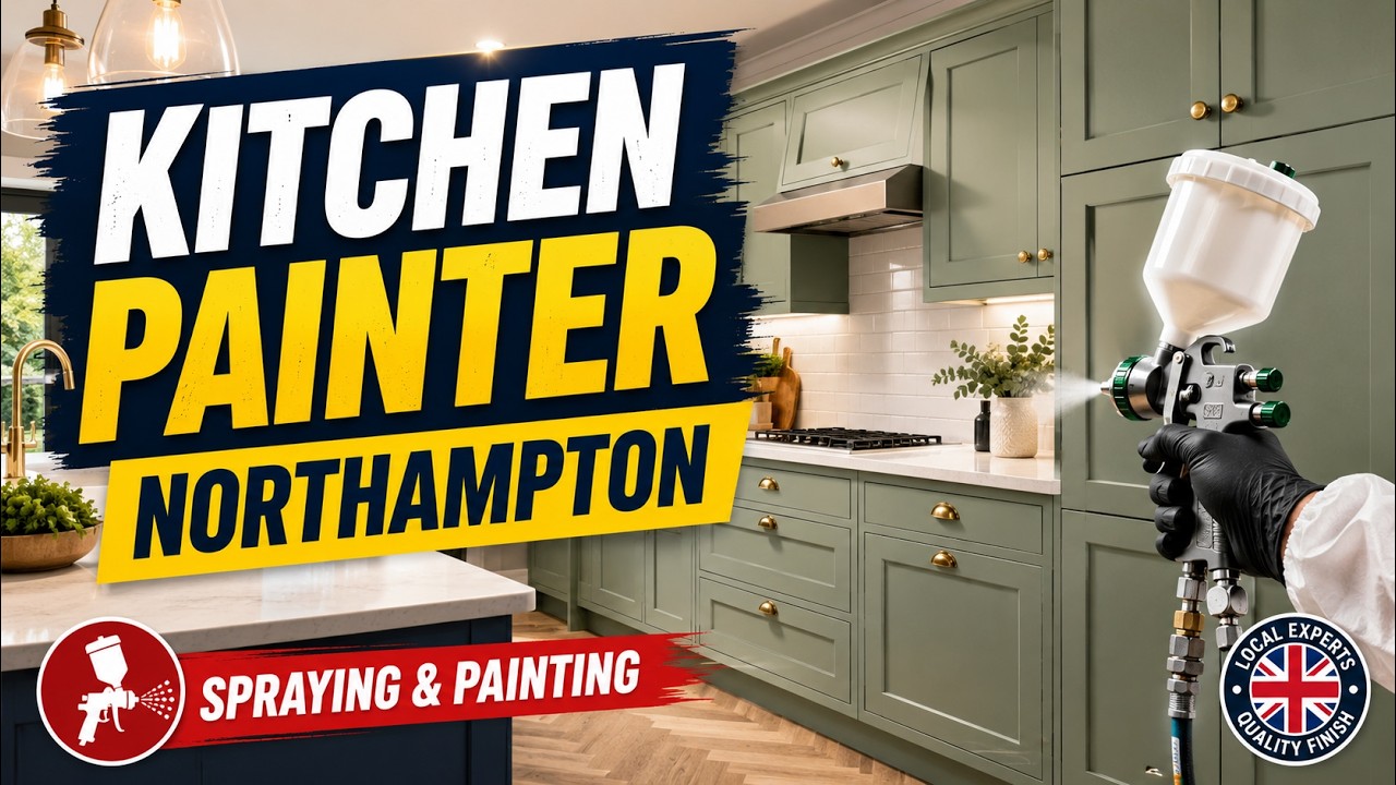 Kitchen cupboard painting video thumbnail showing a kitchen transformation in Northampton
