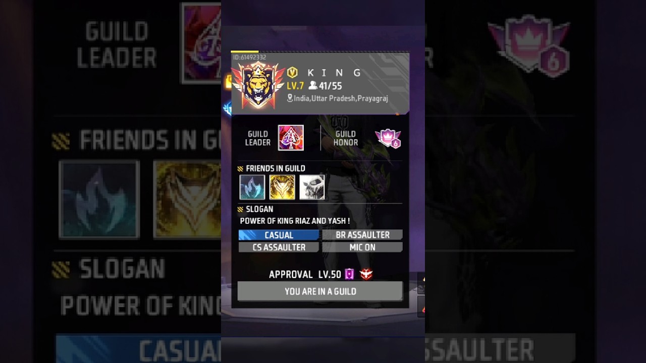 V BADGE KING GUILD LEDAR FF PROFILE😱😱