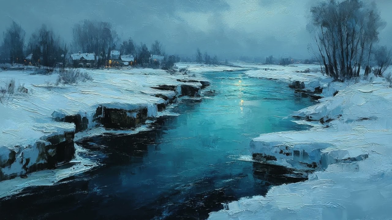 Snowy Twilight River | 1 Hour Cozy Winter 4K Oil Painting TV Wallpaper Ambience