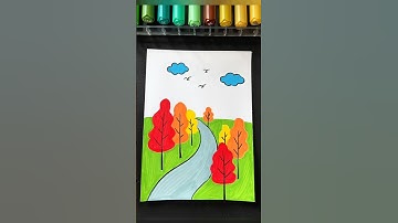 Cách vẽ bức tranh đường đi mùa thu 🖼️ #thienmink1 #artist #drawing #buctranh #vetranh #shorts