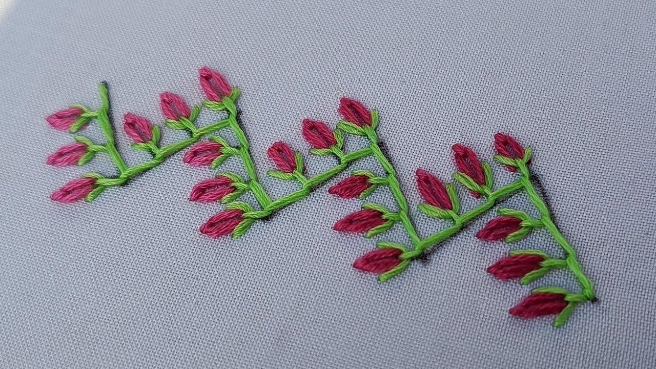 Most popular feather Stitch border Embroidery design | Easy Leaf & Bud Flower Hand Embroidery Border