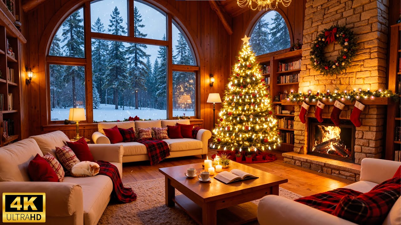 Cozy Winter Cabin Ambience - Christmas Piano Music & Fireplace Sounds ...