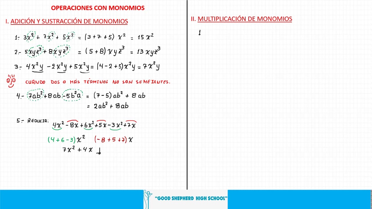 Operaciones con Monomios Adición Sustracción y