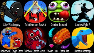Stick War Legacy, Toilet Monster Survival, Zombie Tsunami, Shadow Fight, Worm Hunt, Dinosaur Rampage