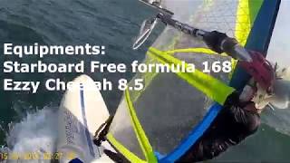 Ezzy Cheetah 8.5, Starboard Free Formula, Practice getting into foot straps. Medium wind.