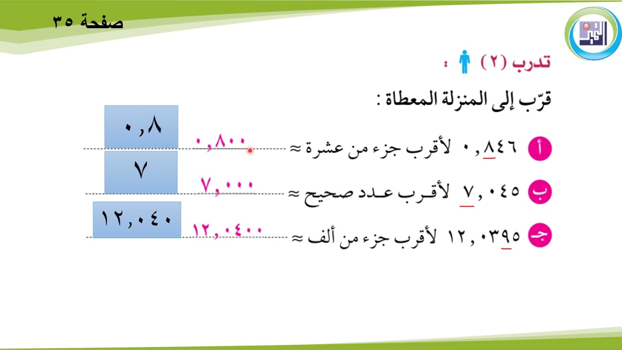 الصف السابع- الرياضيات - 5 - تقريب الأعداد الكلية والعشرية- العام الدراسي 2021-2022 م