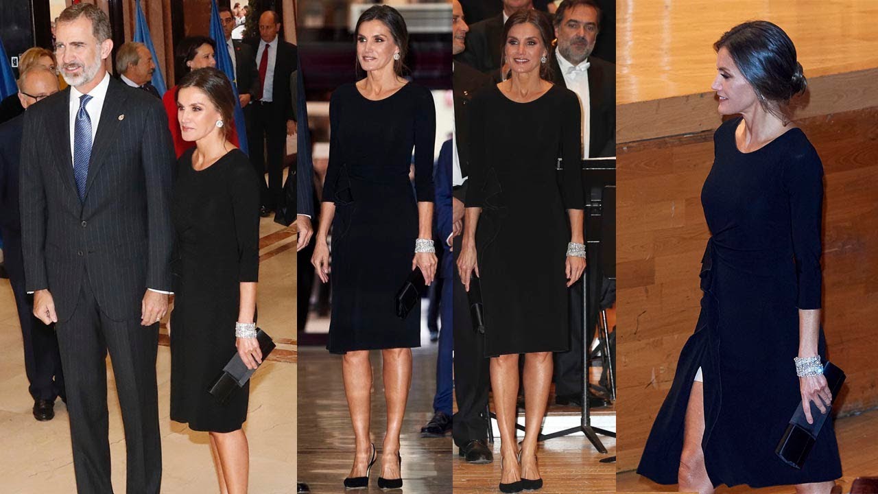REINA LETIZIA ORTIZ estrena vestido negro con cuello redondo y manga  francesa de EMPORIO ARMANI - YouTube