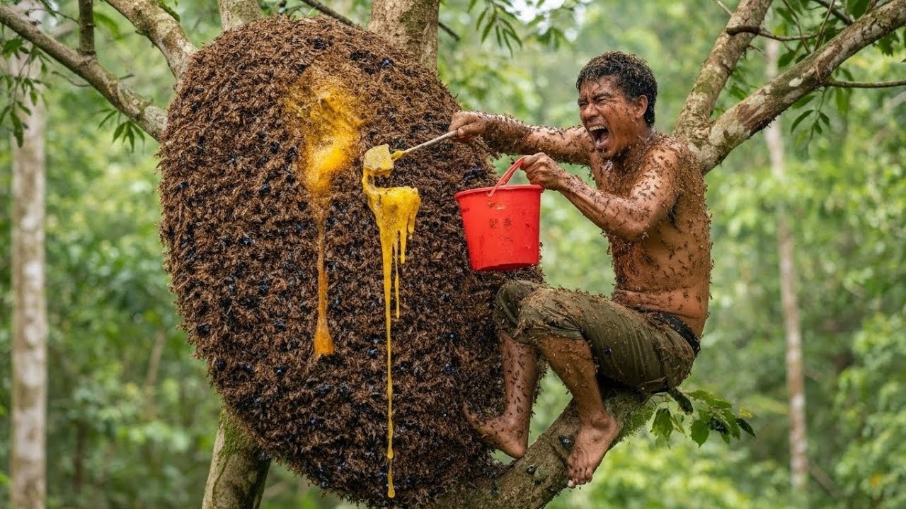 GIANT HONEY BEES ATTACK During Extreme Wild Honey Hunting | Life or Death Moment