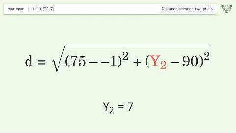 Find the distance between two points p1 (-1,90) and p2 (75,7): Step-by-Step Video Solution