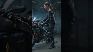 Beautiful Biker Starts the Black Carbon Fiber Yamaha R1 🖤🔥 |#YamahaR1 #R1 #Superbike #CarbonFiber
