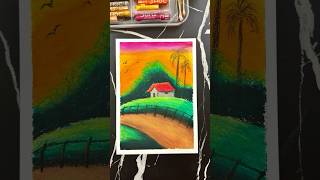 Easy Sunset Village Scenery 🌄 Oil Pastel Drawing ✏️ #shorts #ytshorts #sunset #nature
