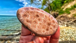 We Found BEAUTIFUL Petoskey Stones on the Beach while CAMPING on Lake Michigan (and Polished Them!)