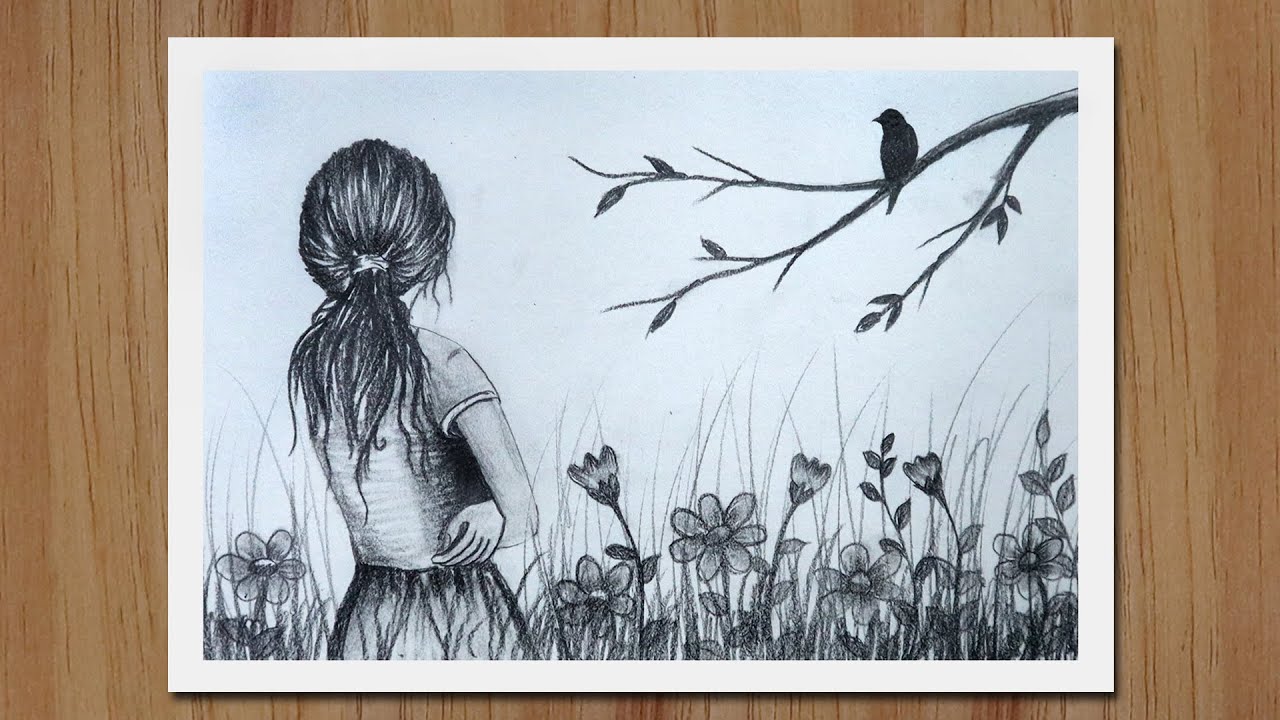 How to draw a Sad Girl in Flower garden with pencil step by step ...