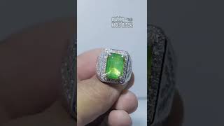 Natural Emerald (Center) & Natural Diamonds (Side) . Men's silver Ring