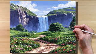 Acrylic Painting Waterfall Meadow Landscape / Timelapse