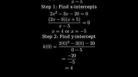 How to find the intercepts and asymptotes of k(x) = (2x^2 - 3x - 20)/(x - 5)