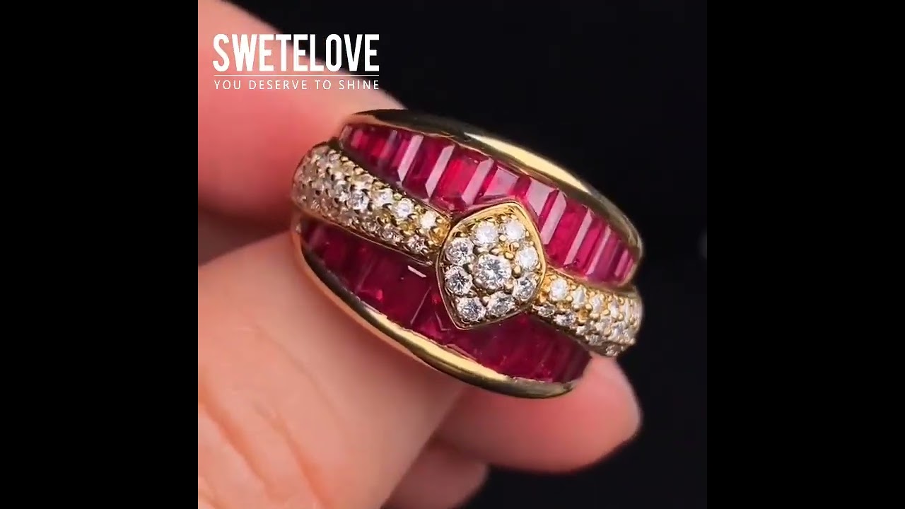 Handmade Elegant Ruby Red Round&Emerald Cut Sterling Silver Wedding Band Ring