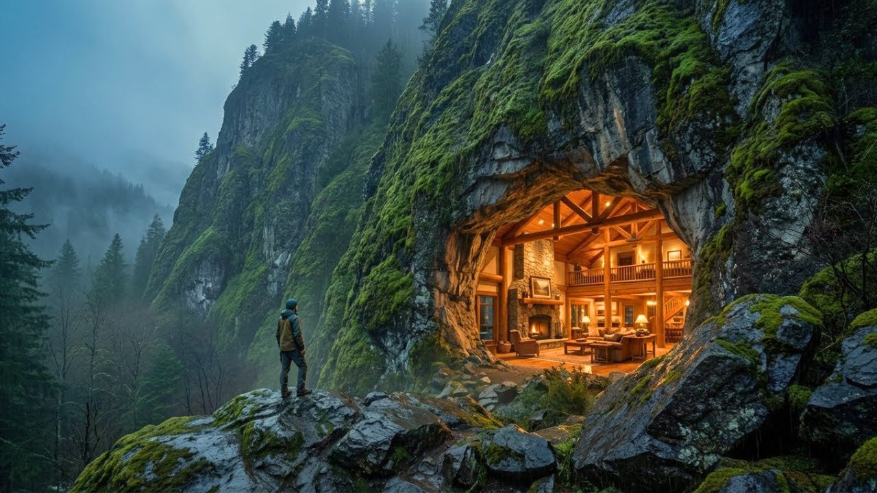 Building a Secret Luxury Cave Mansion Inside a Mountain (ASMR) | Warm Wooden Interior