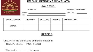 Cycle Test-I / Class-2 English / PM Shri Kendriya Vidyalaya Question Paper for KV Students