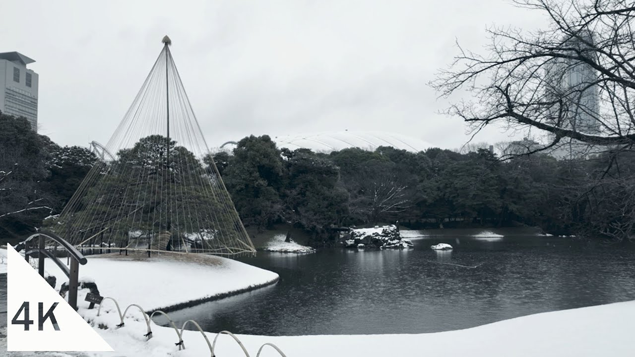 4K】Koishikawa Korakuen Garden in Snowy Landscape - Rainy Walk