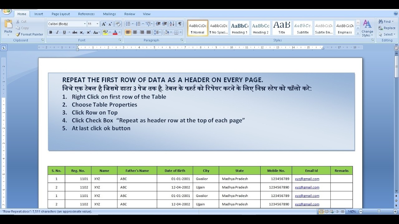 Repeat as header row at the top of each page (Using Table Properties ...
