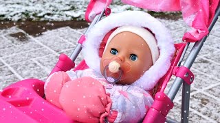 Baby Annabell doll videos: toy stroller \& winter clothes for dolls. Baby doll morning routine.
