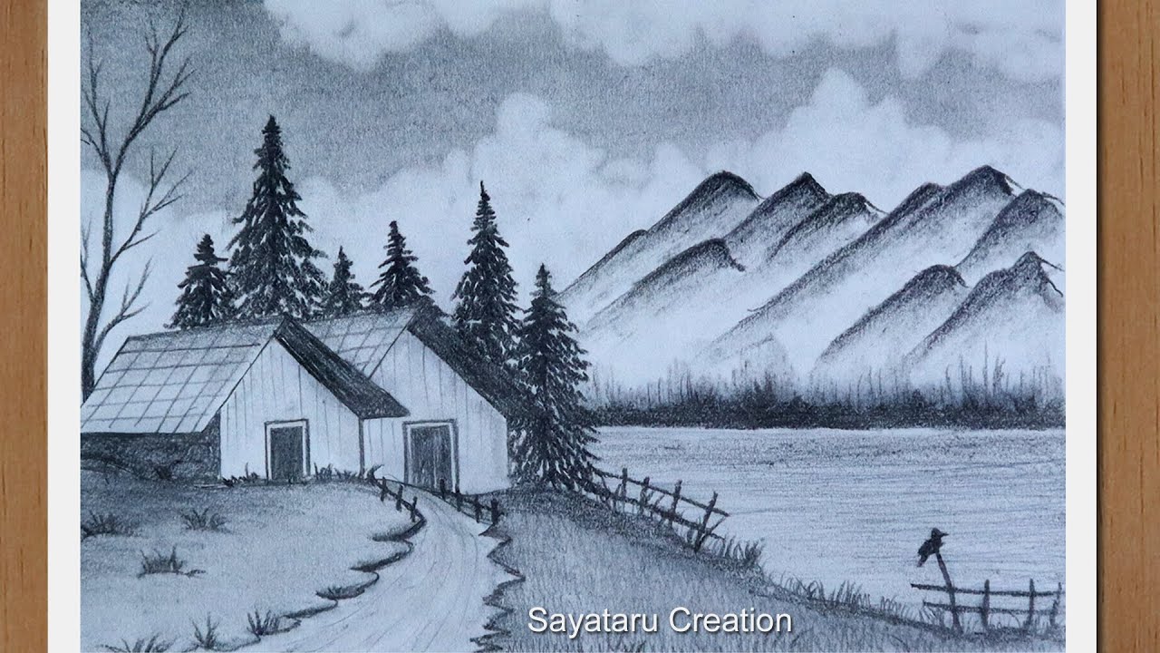 Beautiful Village scenery drawing with pencil step by step, Pencil