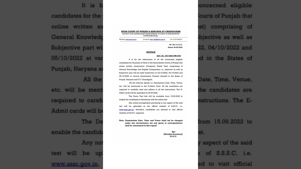 Punjab & Haryana High Court Clerk Recruitment Exam Date Out - 03 , 04 & 05 Oct 2022 