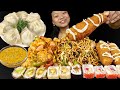 Eating buff chowmein buffchicken chilli momo sushi  corndog street food mukbang eating show