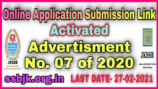 Online Application Submission Link Activated | Advertisement No. 07 of 2020 | JKSSB AGRICULTURE DEPT